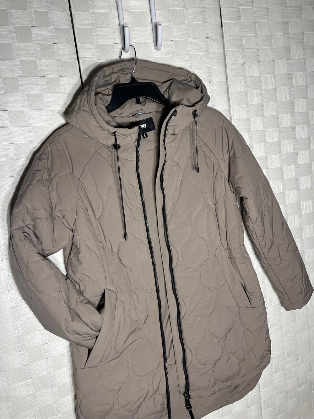 DKNY Quilted Hooded Puffer Coat in Taupe